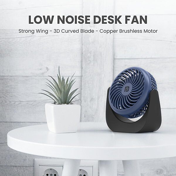 Portronics Toofan Table Fan – Rechargeable, 3-Speed, Black & Blue