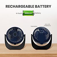 Portronics Toofan Table Fan – Rechargeable, 3-Speed, Black & Blue