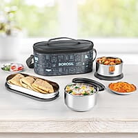 Borosil Carry Fresh Stainless Steel Lunchbox Set of 3 (280ml x 2 Insulated Containers + 475ml