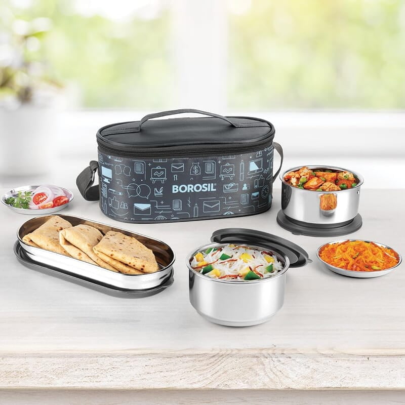 Borosil Carry Fresh Stainless Steel Lunchbox Set of 3 (280ml x 2 Insulated Containers + 475ml