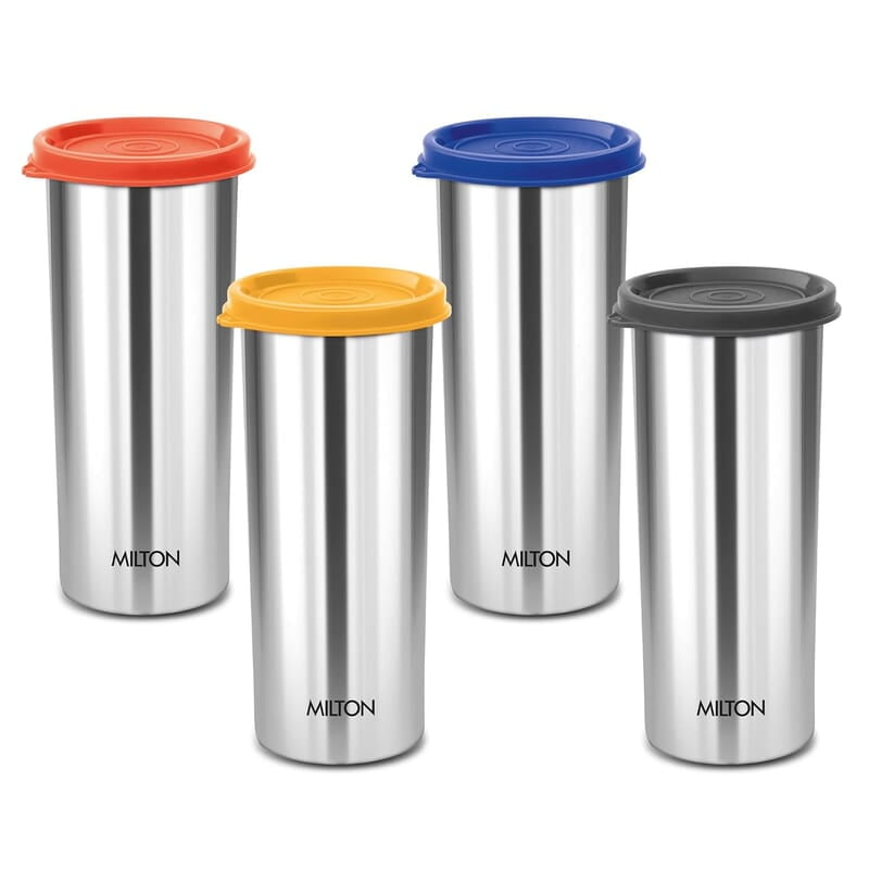 MILTON Stainless Steel Tumbler with Lid Set of 4, 530 ml Each, Assorted (Lid Color May Vary)