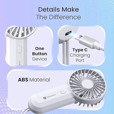 Portronics DualBreeze Handheld Mini Portable Fan With Dual Fan Technology, Upto 4 Hours Playtime, 3 Speed, Low Noise, Rechargeable Fan Ideal for Indoor,Outdoor,Home,Office,Kitchen,Makeup & Travel Use Portronics DualBreeze Handheld Mini Portable Fan With Dual Fan Technology, Upto 4 Hours Playtime, 3 Speed, Low Noise, Rechargeable Fan Ideal for Indoor,Outdoor,Home,Office,Kitchen,Makeup & Travel Use