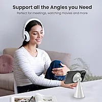 Portronics Mogun 5 – MagSafe Desk Phone Holder, White. Stylish and functional, it securely holds your phone while charging. Perfect for home or office use, keeping your workspace organized and tidy.