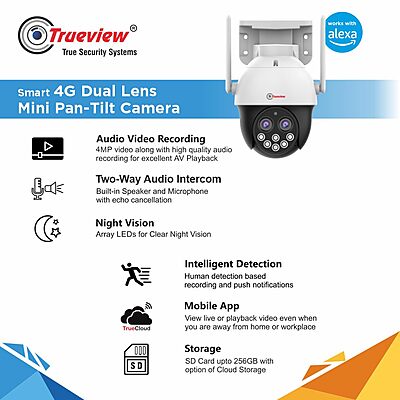 TrueView (Dual Lens, 4G Sim, Pan/Tilt, 10X Zoom, Waterproof, 2-Way Talk, Night Vision)