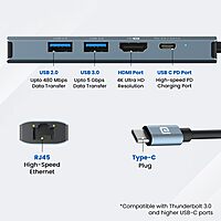 Portronics Mport 51 – A versatile 5-in-1 USB-C hub featuring HDMI for 4K video output, LAN for stable internet, and multiple USB ports for seamless connectivity and enhanced productivity.