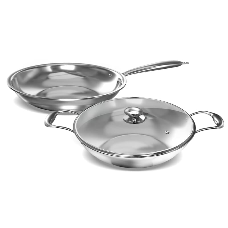 Preethi Metallica Collection Triply Stainless Steel set, 26 cm Kadai with Glass Lid, 26 cm Fry Pan, Gas & Induction Compatible