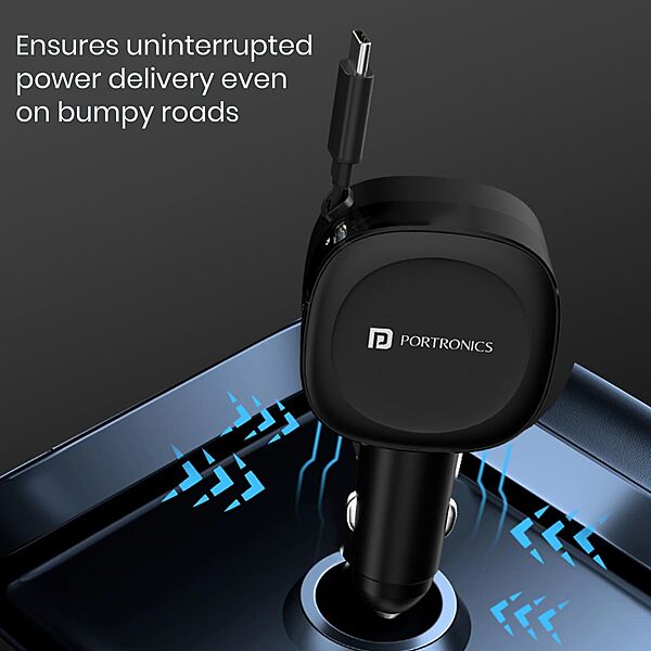 Portronics 60W Car Charger | 3-in-1 with Retractable Cable | Fast charging for multiple devices | Compact design | Ideal for travel | Durable and efficient | Keep your devices powered on the go!