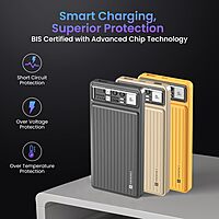 Portronics Luxcell – 10K Power Bank, LED Indicator, Dual Output USB-A & Type-C, Compact Design, Lightweight, Ideal for Travel, Fast Charging, Durable Build, Stylish Yellow Finish.