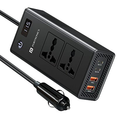 Portronics Zaptor 200W Car Inverter – Dual AC Sockets | Type-C PD & USB-A Fast Charging | Black