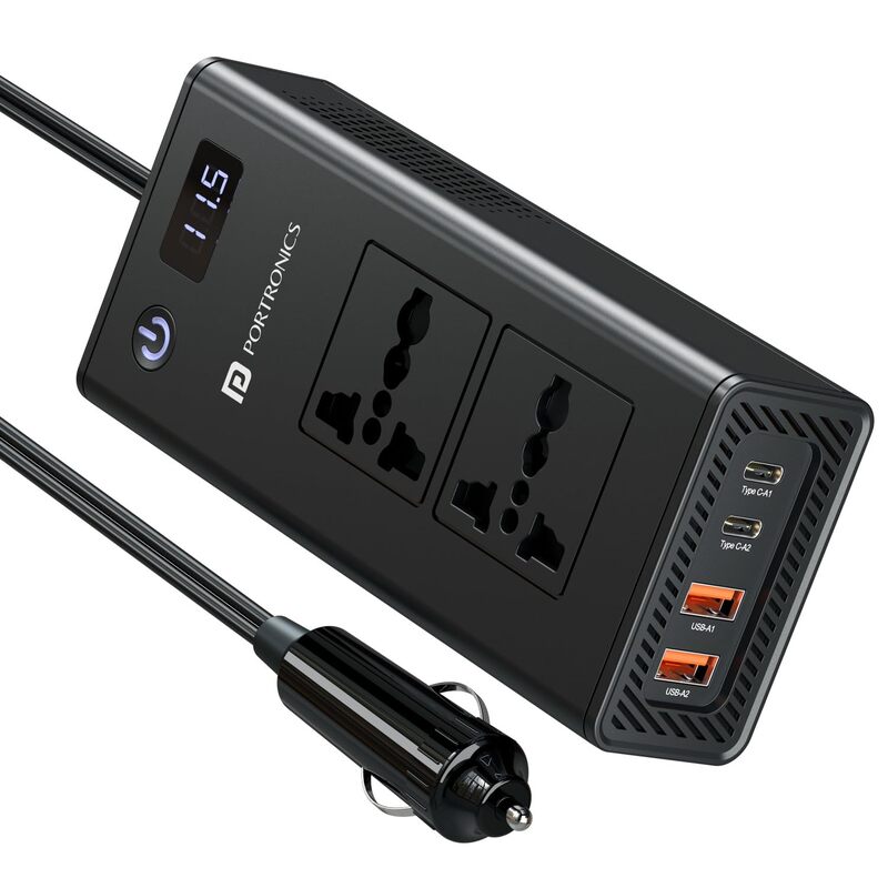 Portronics Zaptor 200W Car Inverter – Dual AC Sockets | Type-C PD & USB-A Fast Charging | Black