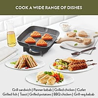 Borosil Vajra Die-Cast Non-Stick Aluminium Square Grill Fry Pan, Frying Pan with Ridges, Black with Wood-Finish Handles, 240 mm Wide, 5 mm Thick