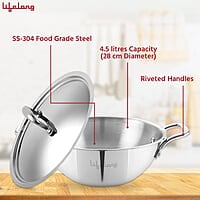 Lifelong Triply Extra Deep Kadai with Stainless Steel Lid 4.5 litres Capacity with Riveted Handles 28 cm