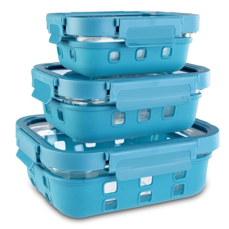 AGARO Imperial Borosilicate Glass Containers With Silicone Sleeves & With Lock Lid, 3 pcs Set, 370ml, 640ml, 1050ml Cyan.