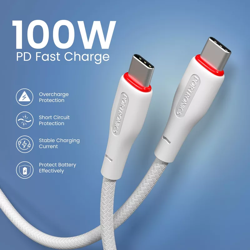 POR 3232 Konnect B C-C 100W – Type-C to Type-C Braided Cable | 100W | 1.5M | White | 06 Months