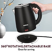 Borosil 1.2L 1350W Cooltouch Multipurpose Electric Kettle | Auto Shut off | Wide Mouth | 304 Food Grade Stainless Steel with Double Wall Cooltouch Exterior | 2 year Warranty | Black