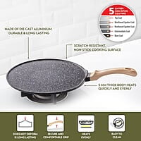 Borosil Vajra Die-Cast Non-Stick Aluminium Flat Tawa, for Rotis & Parathas, Black with Wood-Finish Handles, 300 mm Wide, 5 mm Thick