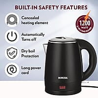 Borosil 1.2L 1350W Cooltouch Multipurpose Electric Kettle | Auto Shut off | Wide Mouth | 304 Food Grade Stainless Steel with Double Wall Cooltouch Exterior | 2 year Warranty | Black