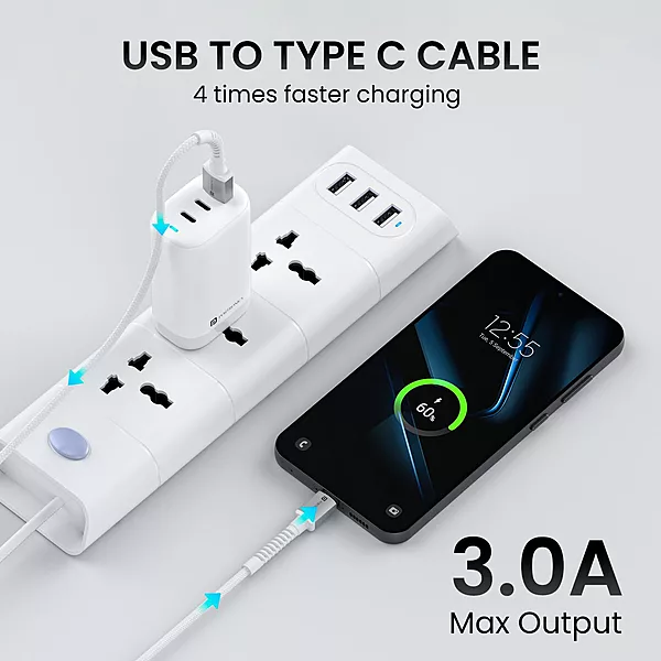 Portronics 1m USB A to Type-C Cable – Nylon Braided Durable Cable for Fast Charging & Data Transfer