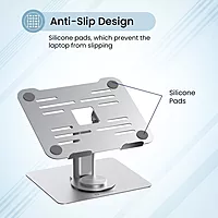 Portronics Twister – 360° Adjustable Metal Laptop Stand, supports up to 10kg, ergonomic design for comfort, lightweight and portable, perfect for home or office use, enhances airflow and cooling.