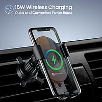 Portronics Clamp 4 – 15W Wireless Car Charger, Vent Mount: Effortlessly charge your phone while driving. Features adjustable grip, fast charging, and easy installation for a seamless experience.