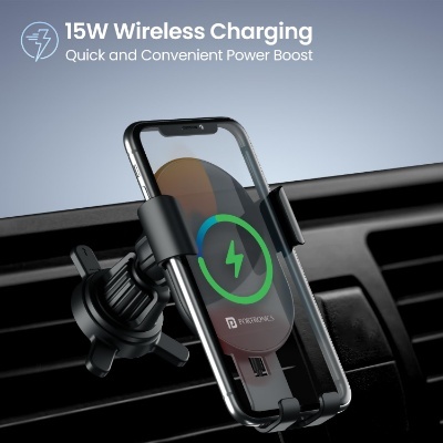 Portronics Charge Clamp 4 Wireless Car Charger with 15 Watts Fast Charging, AC Vent Mount, 360° Rotation, Strong Grip, Free Type-C Cable, Qi Charger for iPhone & Android Smartphones(Black) Portronics Charge Clamp 4 Wireless Car Charger with 15 Watts Fast Charging, AC Vent Mount, 360° Rotation, Strong Grip, Free Type-C Cable, Qi Charger for iPhone & Android Smartphones(Black)