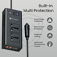 Portronics Zaptor 200W Car Inverter – Dual AC Sockets | Type-C PD & USB-A Fast Charging | Black