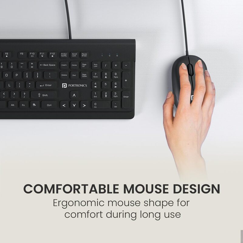 Portronics Keytonic Wired Combo | USB, Full-Size, 12 Shortcuts, Ergonomic Design, Durable Keys, Plug and Play, Compatible with Windows, Ideal for Home and Office Use, Sleek and Stylish.