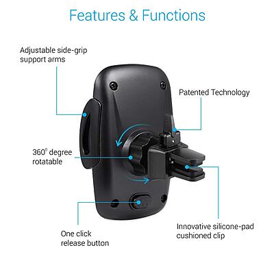 Portronics Clamp X – Car Vent Mobile Holder, 360° Rotation, Adjustable Grip, Durable Design, Easy Installation, Compatible with Most Smartphones, Ideal for Hands-Free Navigation, Black.