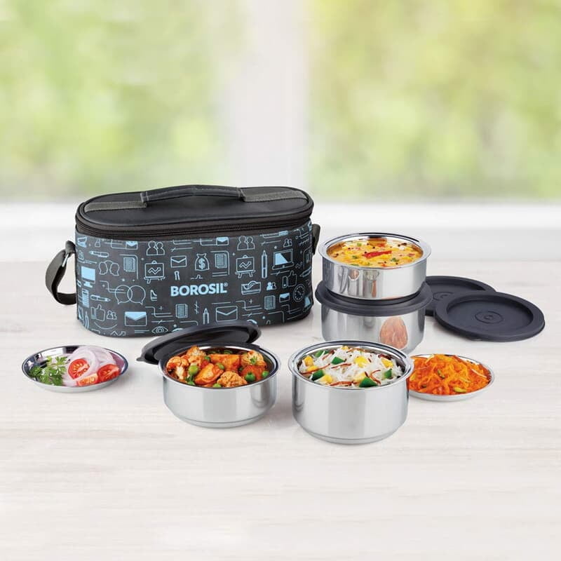 Borosil Carry Fresh Stainless Steel Insulated Lunch Box with Bag, Set of 4 (280 ml x 2, 180 ml x 2)