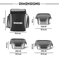 Borosil Feast Stainless Steel Lunch Box with Bag | Set of 3 (520 ml x 1 + 400 ml x 1 + 250 ml x 1), Square
