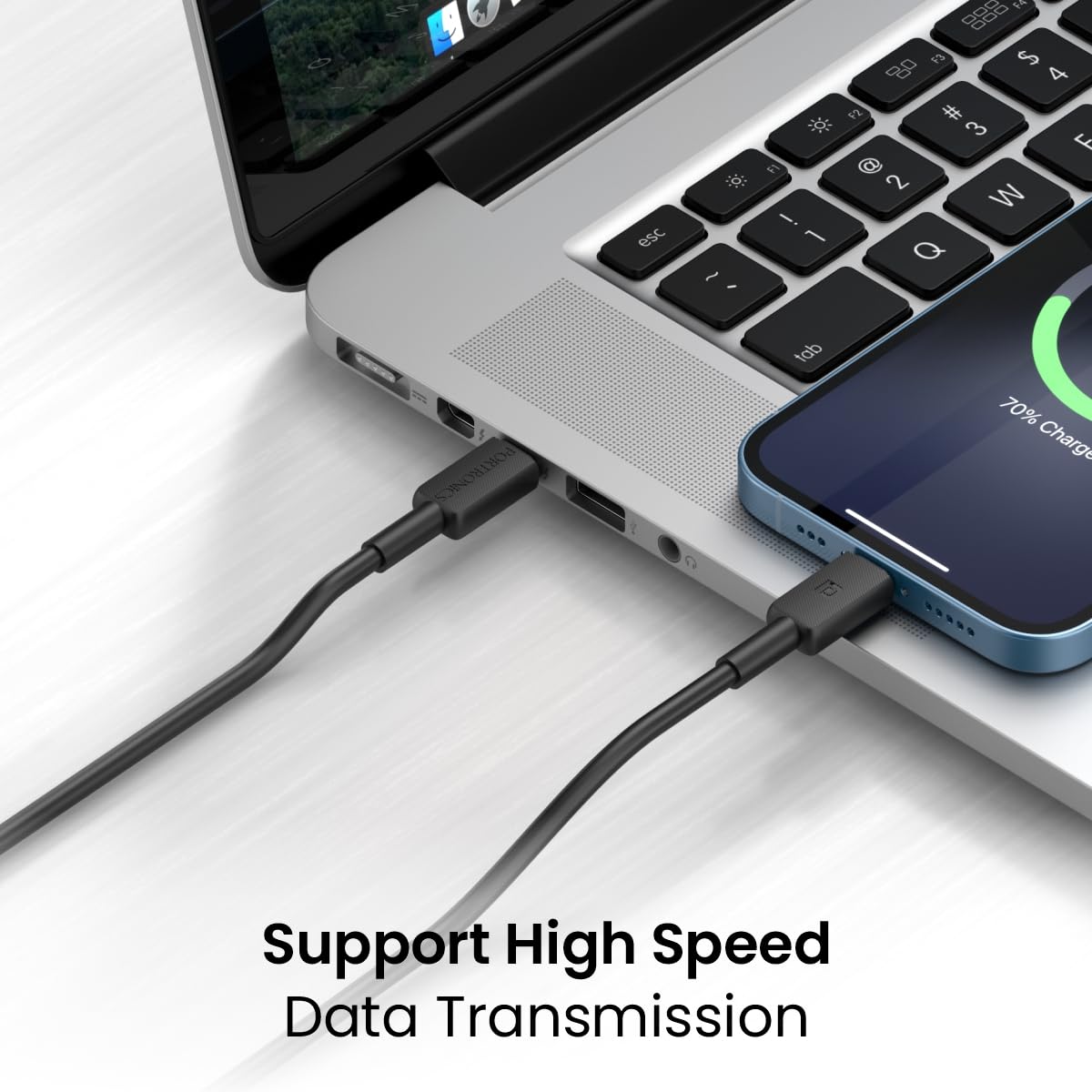 Portronics Link CL – Type-C to 8-Pin, 3A, 1M Black. Fast charging and data transfer cable, durable design, compatible with various devices, perfect for everyday use and travel.