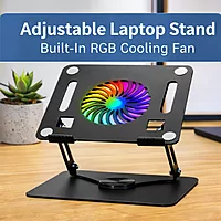 Adjustable Height Metal Laptop Cooling Pad Stand with RGB Cooling Fan, Non-Slip, High Load Capacity, Dark Grey