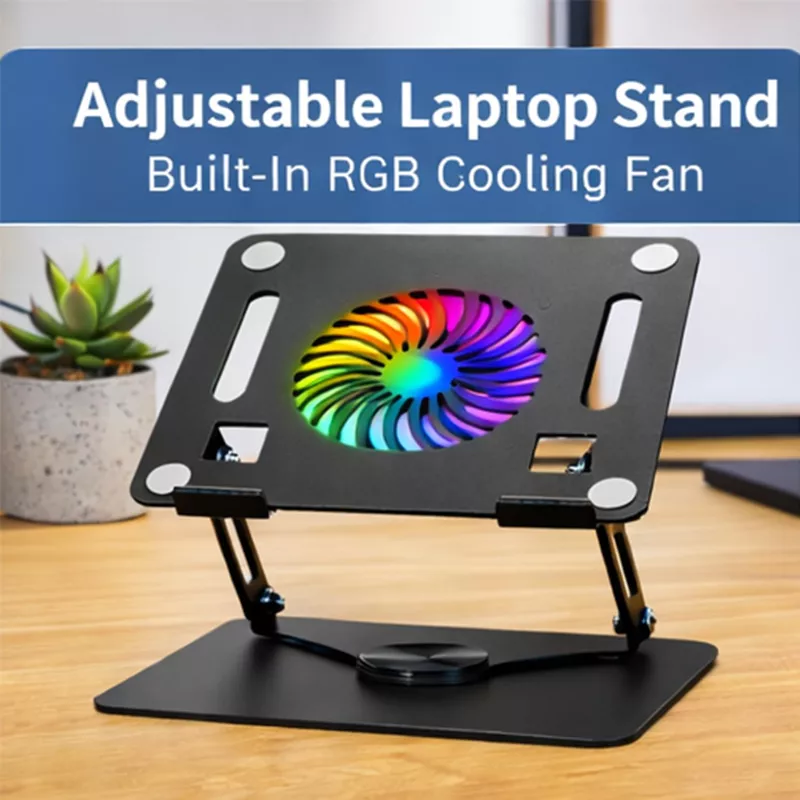Adjustable Height Metal Laptop Cooling Pad Stand with RGB Cooling Fan, Non-Slip, High Load Capacity, Dark Grey
