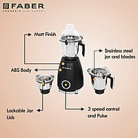 Faber Crown 800W Blender Mixer Grinder, 3 SS clip lock jars and blades low-noise copper motor, up to 20000 rpm speed