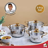 Wonderchef Gold Stanton Stainless Steel 3 piece Casserole Set with Glass Lid Set of 3 (1.6L, 2.3L, 3.1L)