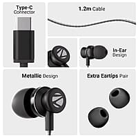 ZEBRONICS BUDS C10 in-Ear Type-C Earphone with in-line Mic, Metallic Design, Volume Control, 1.2m Cable, 10mm Driver