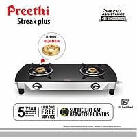 Preethi Bluflame Streak Plus Glass Top 2 Burner Gas Stove, with Jumbo Burner, Manual Ignition