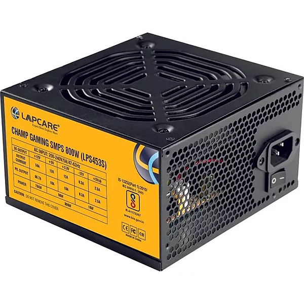 Lapcare LPS‑453S 800 W gaming SMPS with ATX 20 + 4, CPU 8‑pin, PCI‑e connector, 4× SATA, 2× Molex & 120 mm PWM cooling fan. 2‑year warranty.