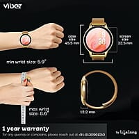 Vibez by Lifelong Premium Luxury Smartwatch for Women with Metal Strap & HD Display Gold