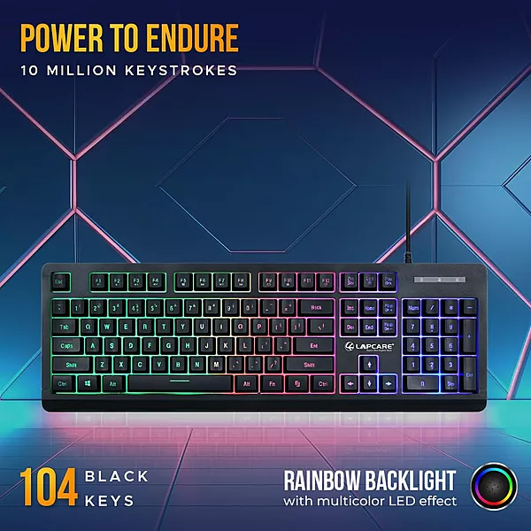 Lapcare Champ LGC-012 USB Gaming Keyboard & Mouse Set – Braided Wire  Membrane Backlit  Customized RGB Lights  7D USB Mouse  8000 DPI  Black