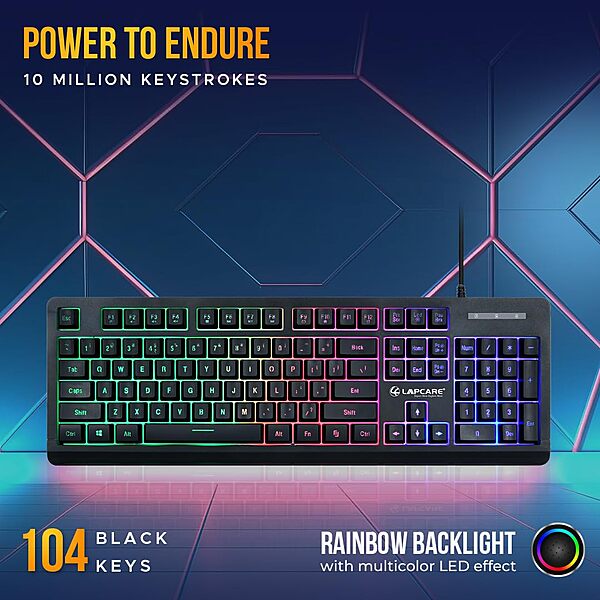 Lapcare Champ LGC-012 USB Gaming Keyboard & Mouse Set – Braided Wire  Membrane Backlit  Customized RGB Lights  7D USB Mouse  8000 DPI  Black