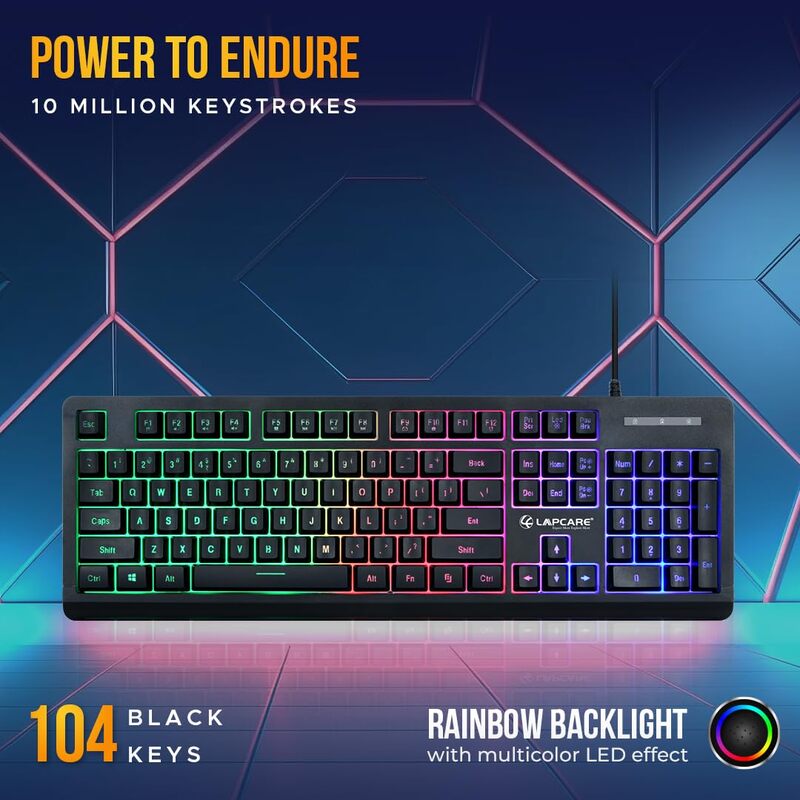 Lapcare Champ LGC-012 USB Gaming Keyboard & Mouse Set – Braided Wire  Membrane Backlit  Customized RGB Lights  7D USB Mouse  8000 DPI  Black