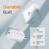 Ambrane 20W Type C Mobile Charger Adapter, Fast Charging for Android, iPhone 14/13,13/12/11/X & Pro, Max Series & Other Type C Enabled Devices, PD Technology, BIS Certified