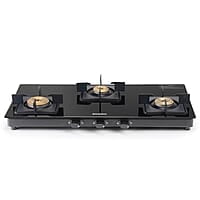AGARO Regency 3 Burners Gas Stove, Toughened Glass Top, Brass Burners, 1 Small, 1 Medium & 1 Big Size Burner