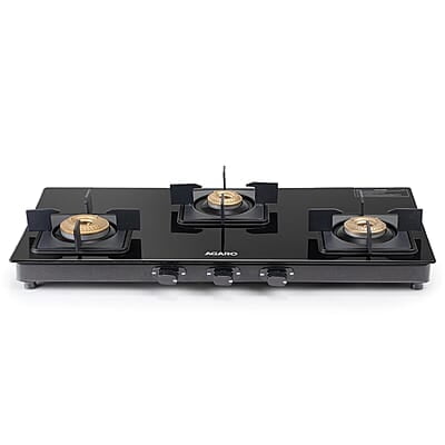 AGARO Regency 3 Burners Gas Stove, Toughened Glass Top, Brass Burners, 1 Small, 1 Medium & 1 Big Size Burner