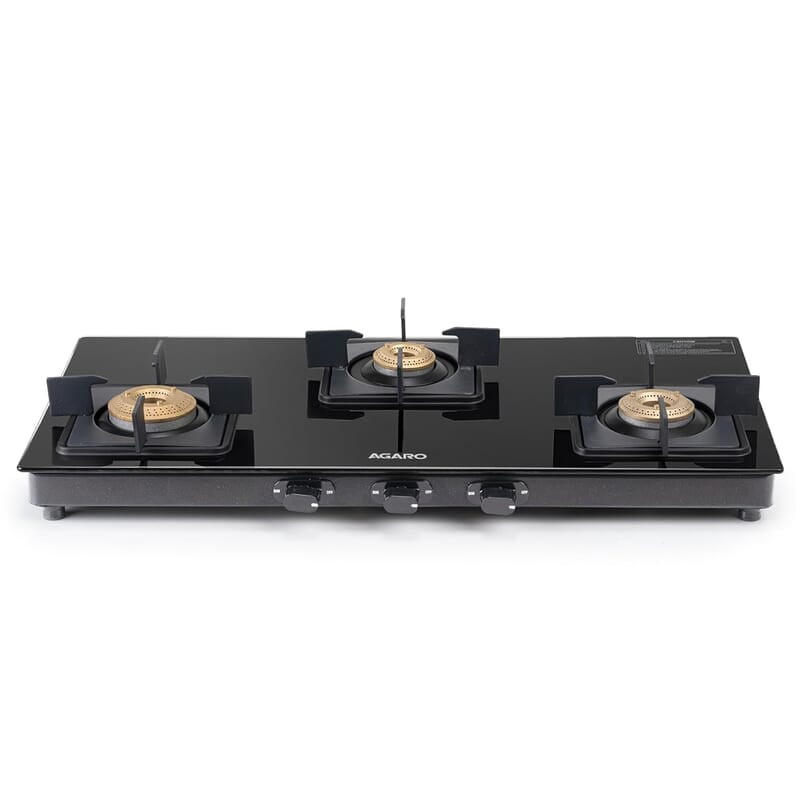 AGARO Regency 3 Burners Gas Stove, Toughened Glass Top, Brass Burners, 1 Small, 1 Medium & 1 Big Size Burner