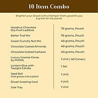 Eat Better Co Prakriti Diwali Gift Hamper with Jute Tray - 10 Item Gift Pack - Dry Fruits Laddoo, Chocolate Coated Nuts with Phool Incense Cones & Lanten Diya | Diwali Gift Box for Friends & Family