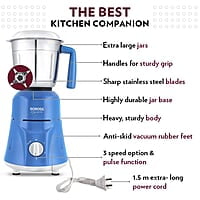 Borosil Star Mixer Grinder, For Wet/Dry Mixing & Grinding, 500 Watts, 3 Jars (400 ml Chutney Jar, 1.2 L Multipurpose Jar, 0.8 L Dry/Wet Grinding Jar), Mixie For Kitchen, Blue
