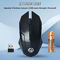 Lapcare Speedy LWM‑666 wireless mouse: 2.4 GHz connection, up to 2400 DPI, 3M click life, 10 m range, AA battery & 1‑year warranty.