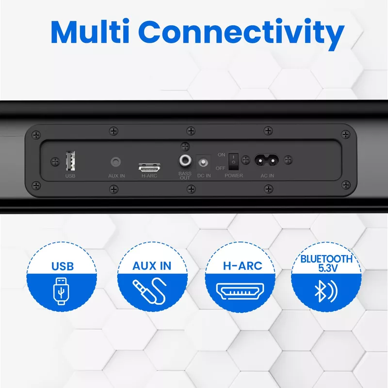Portronics Pure Sound 106 – 120W 2.1 Home Theatre Soundbar delivers rich sound, powerful bass, stylish design, and versatile connectivity options.